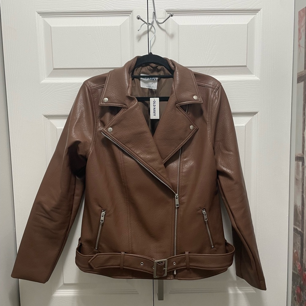 Large brown faux leather jacket with belt